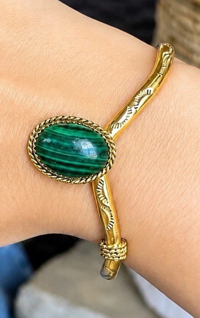 Vintage Navajo Malachite Brass Cuff Bracelet Southwestern Native Western Boho